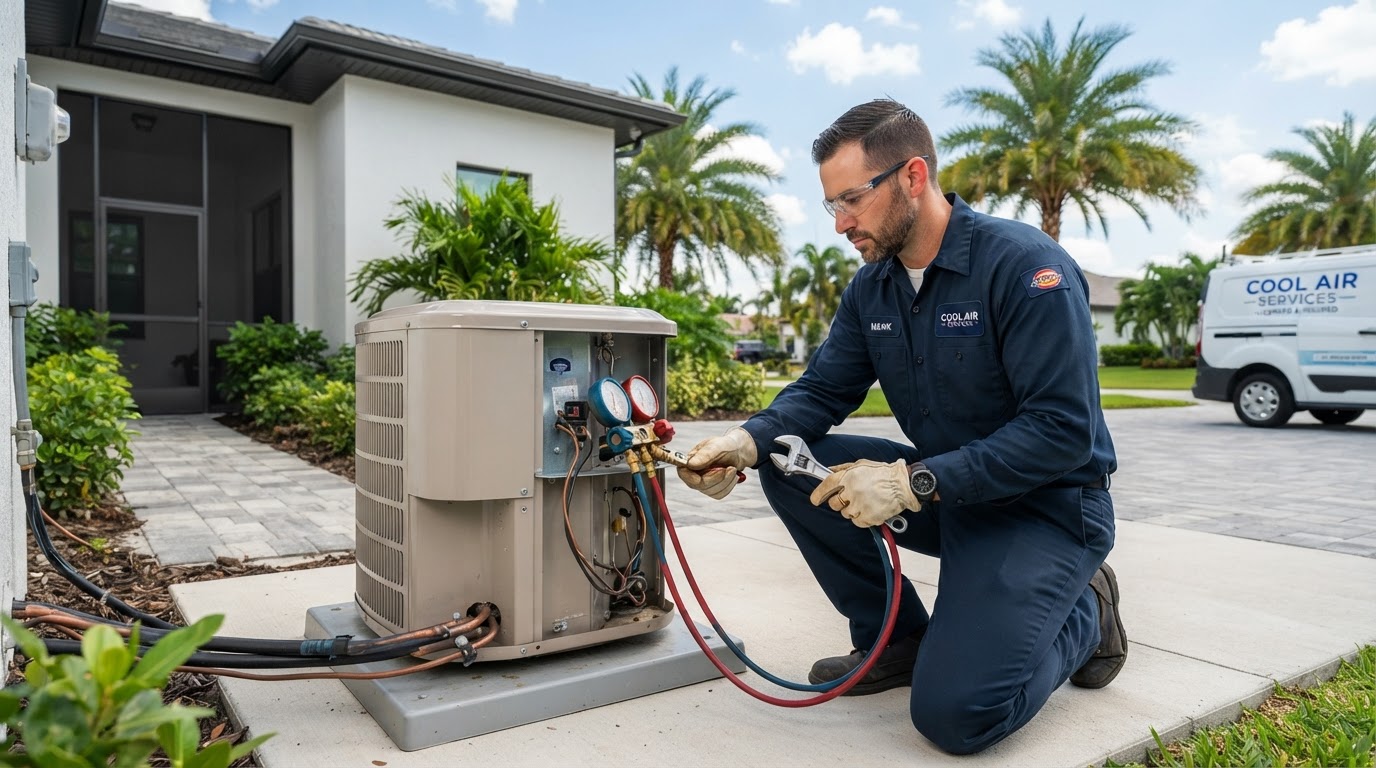 HVAC technician servicing a residential air conditioning unit in South Florida