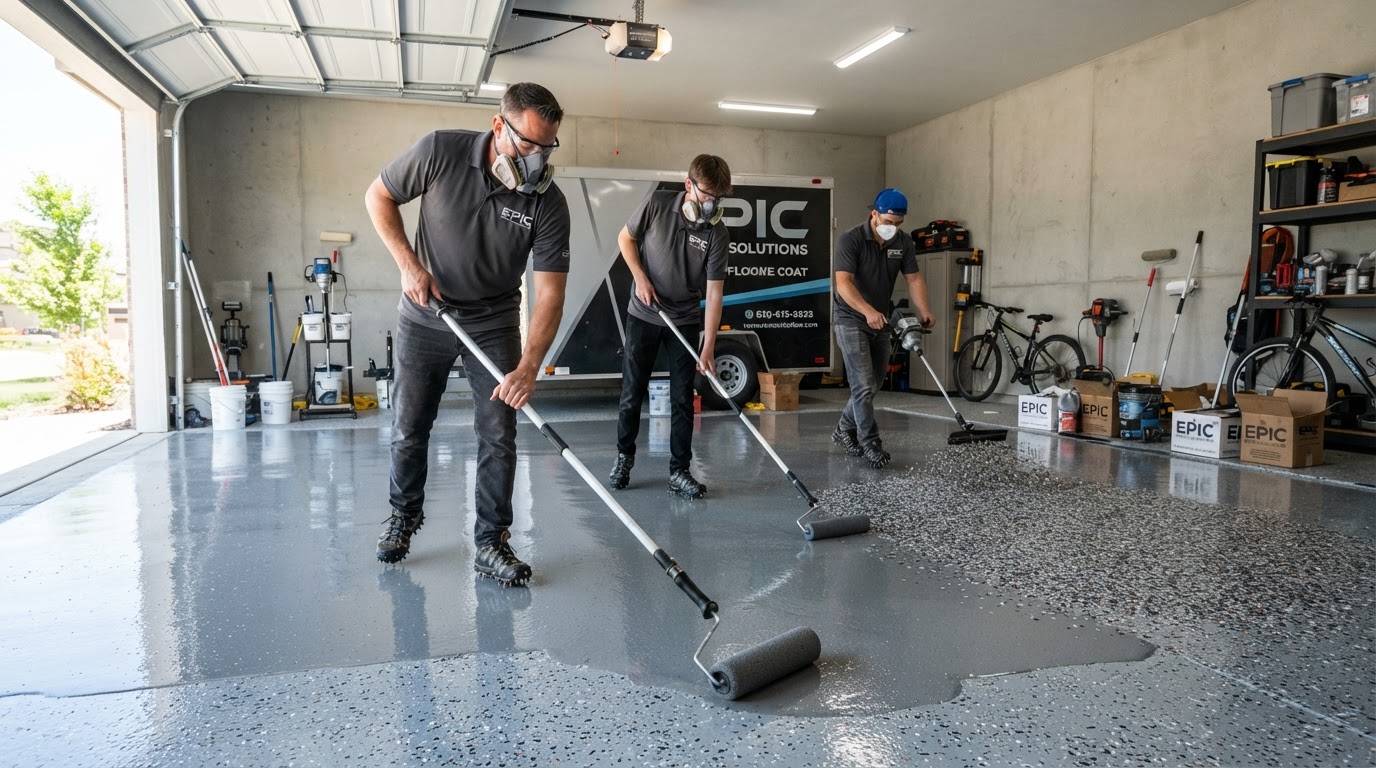 KD Epoxy Floor crew installing an epoxy garage floor