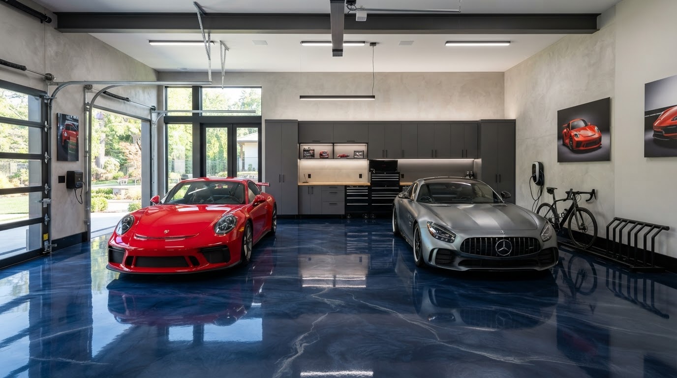 Finished epoxy garage floor with a glossy finish and clean surface