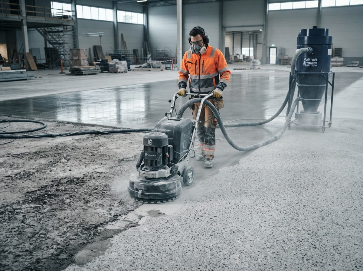 Concrete slab being diamond-ground for coating preparation