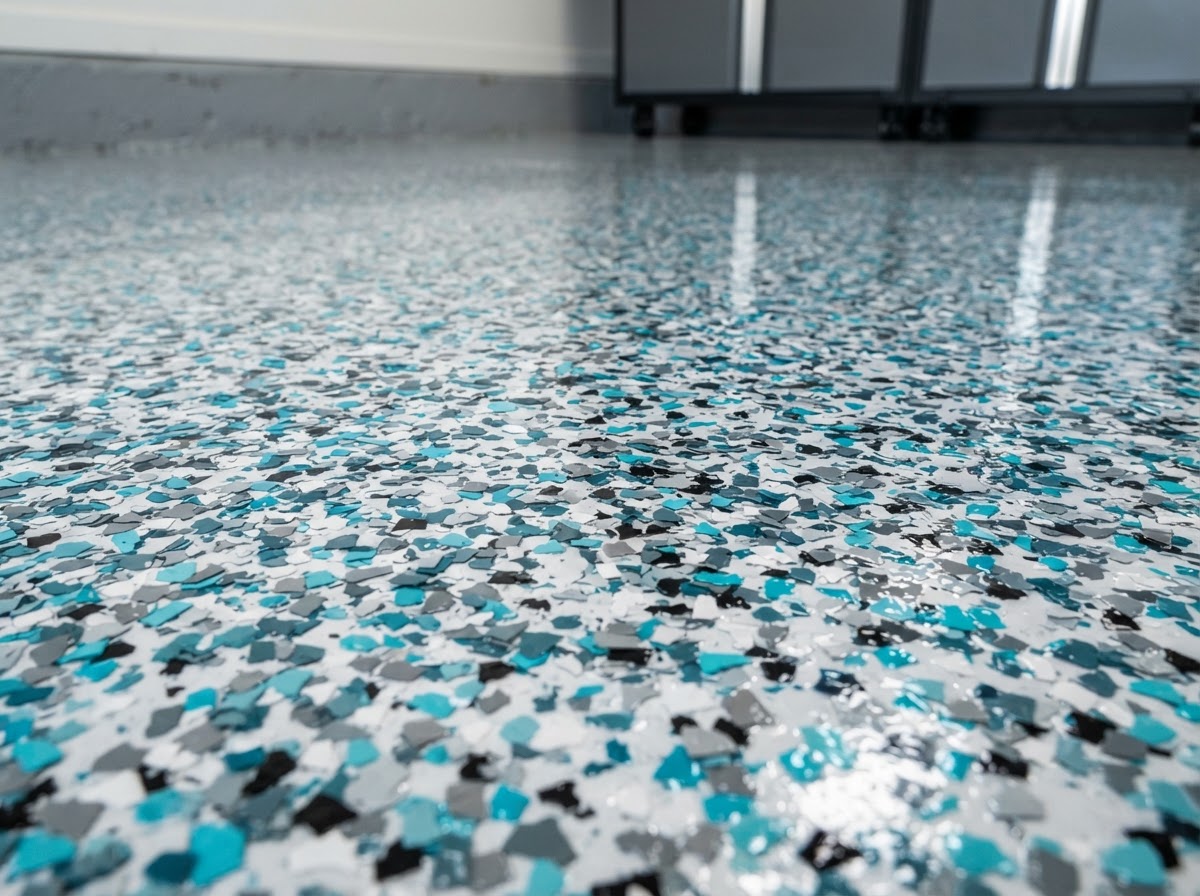 Decorative flake epoxy close-up