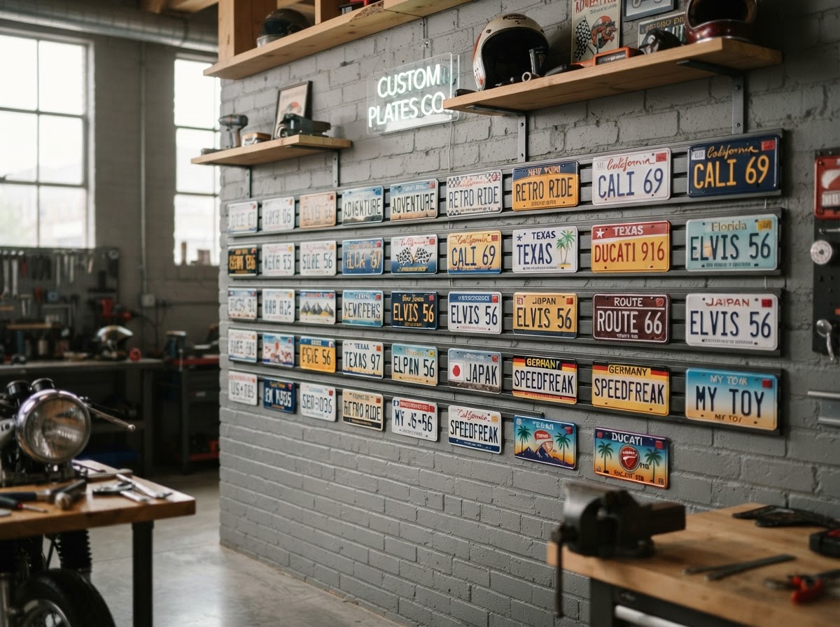Vitrina con placas vehiculares personalizadas fabricadas por PLAKA VID ECUADOR