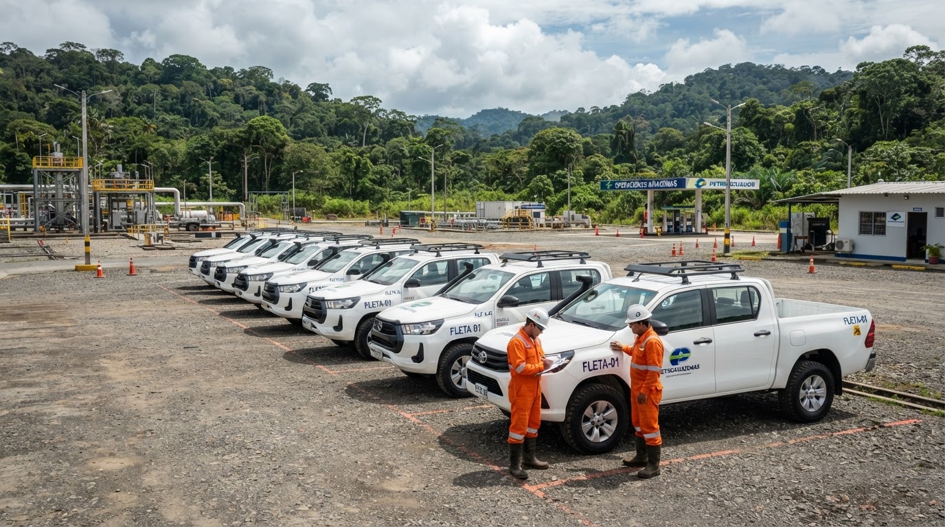 Flota de camionetas 4x4 alineadas en un centro industrial del Oriente ecuatoriano