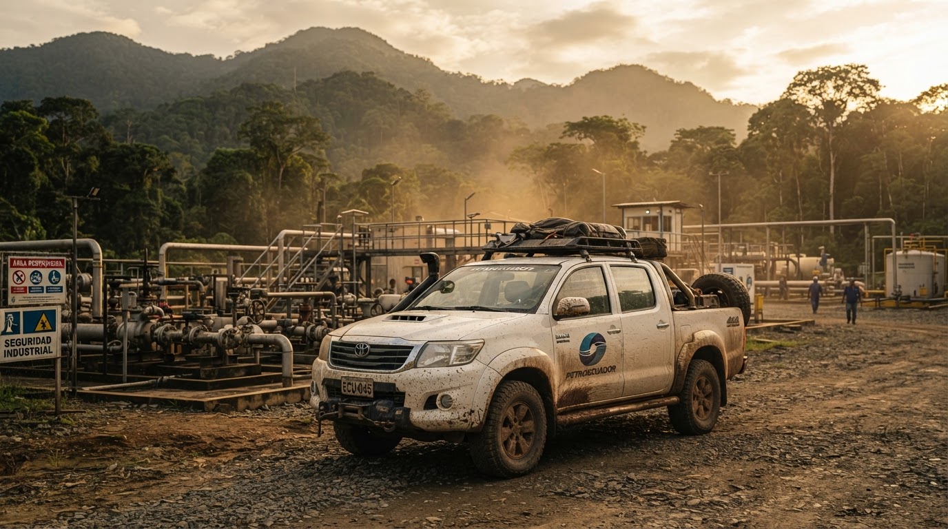 Camioneta 4x4 doble cabina equipada en un campo petrolero del Oriente ecuatoriano al atardecer