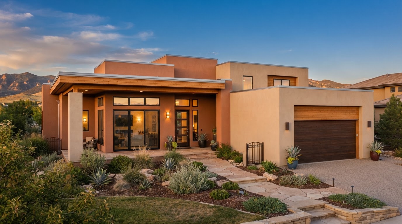 Modern stucco home exterior in Longmont, Colorado with warm terracotta and sand-colored walls
