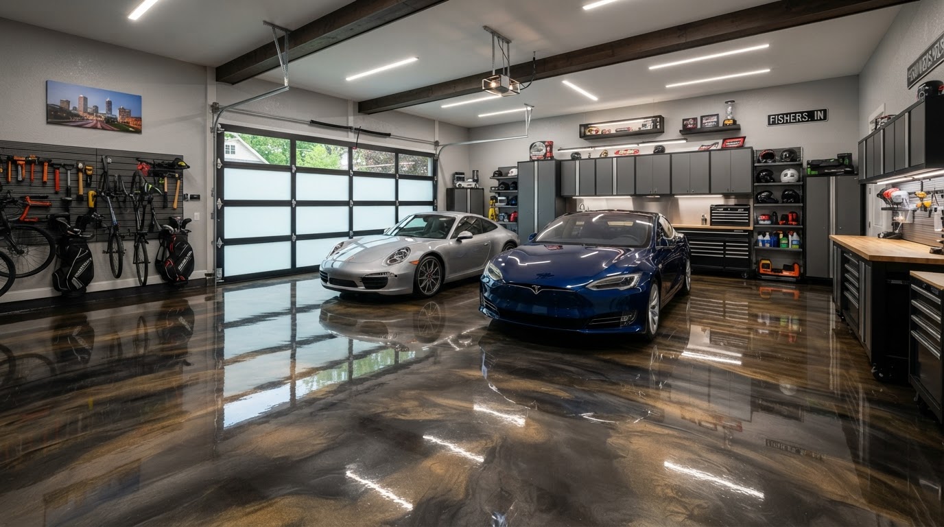 Glossy metallic epoxy garage floor coating installed in a Fishers, IN home