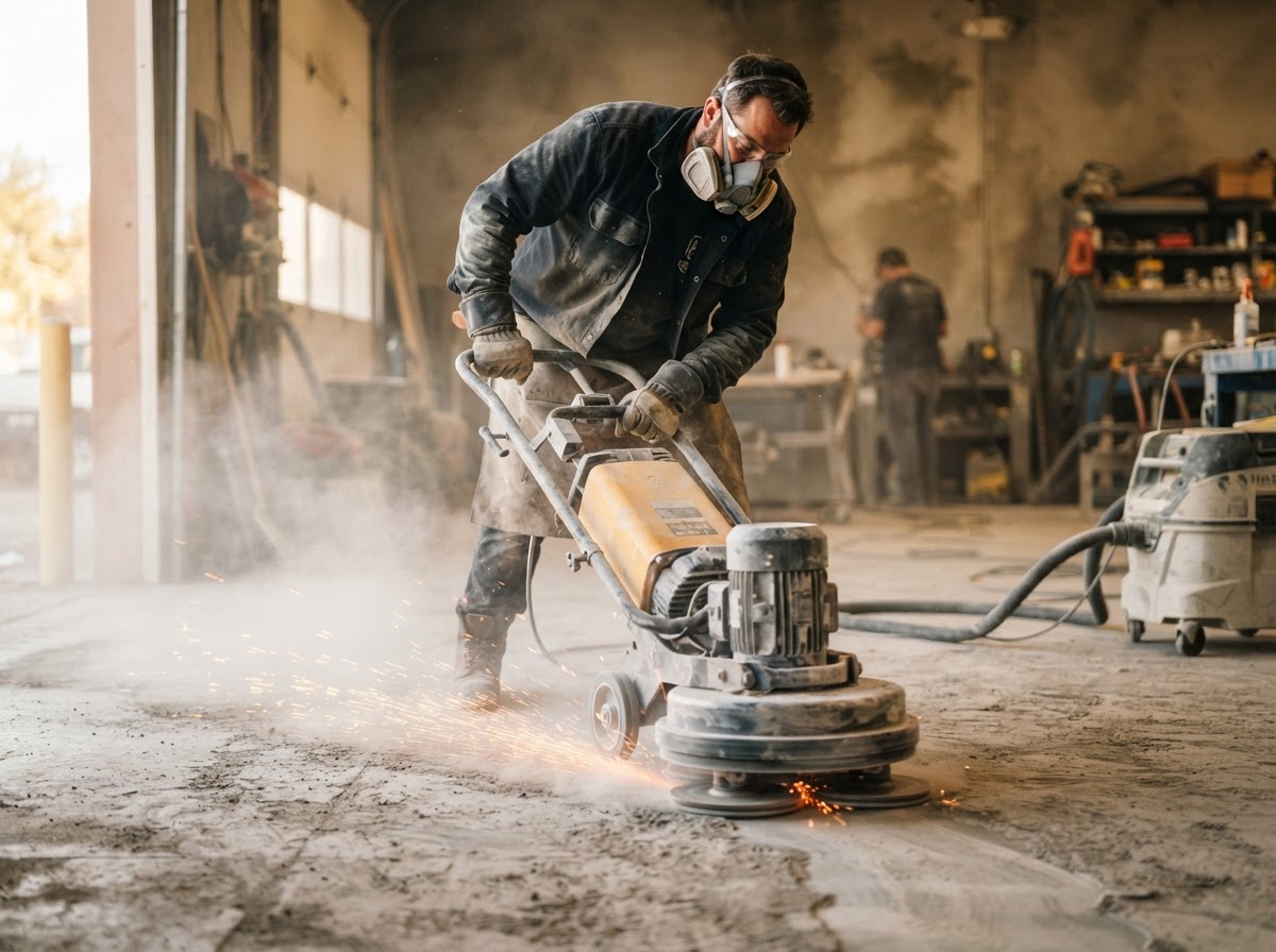 Contractor diamond-grinding a concrete garage floor in preparation for an epoxy coating