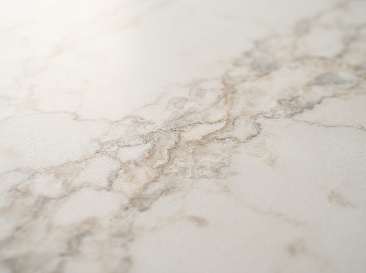 Close-up of a polished quartz slab with soft veining