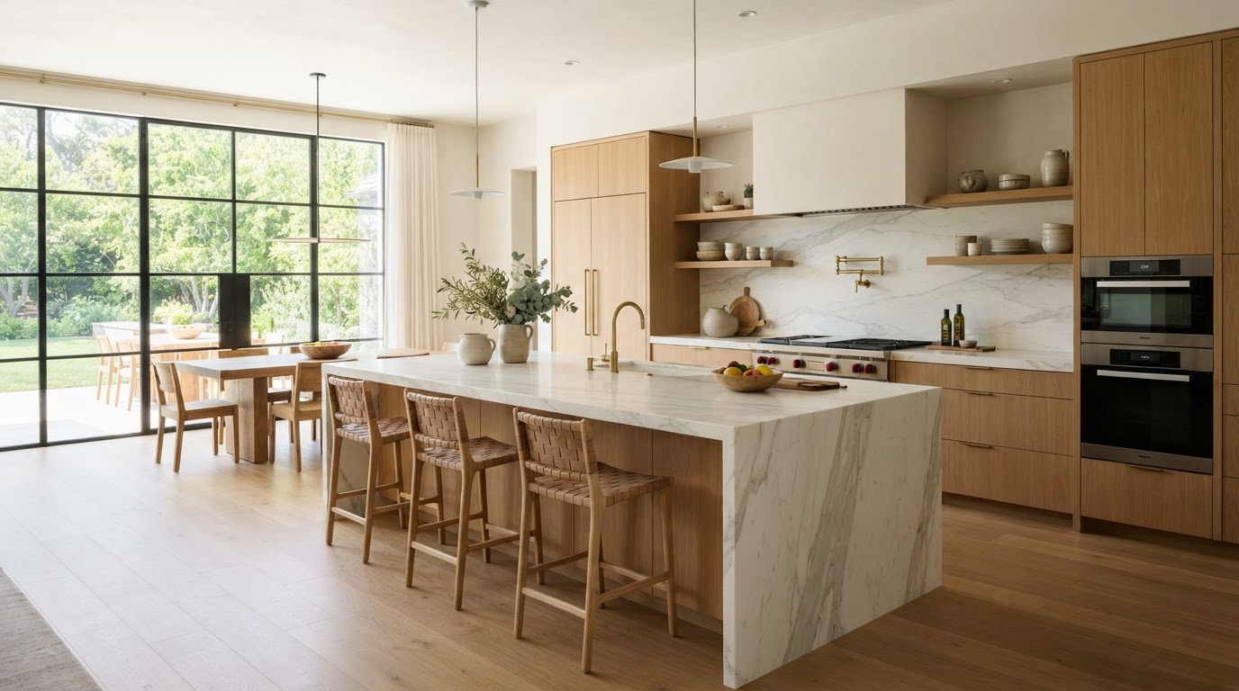 Modern Concord kitchen with polished marble waterfall-edge countertops
