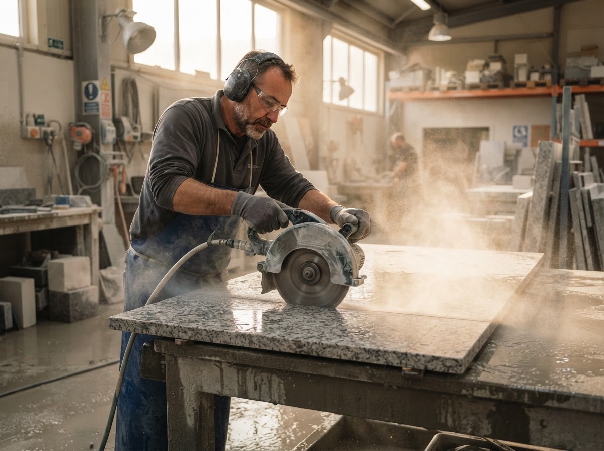 Countertop fabricator precision-cutting a granite slab in the shop