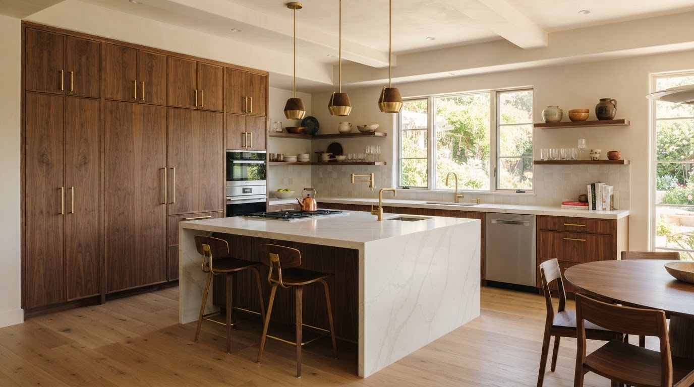 Custom kitchen with handcrafted walnut cabinetry built by Custom Cabinets Nampa