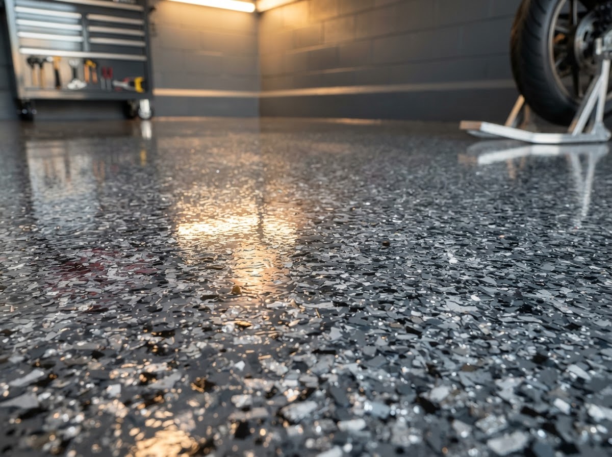 Close-up of a metallic epoxy garage floor coating with grey and silver flakes in Springdale, AR