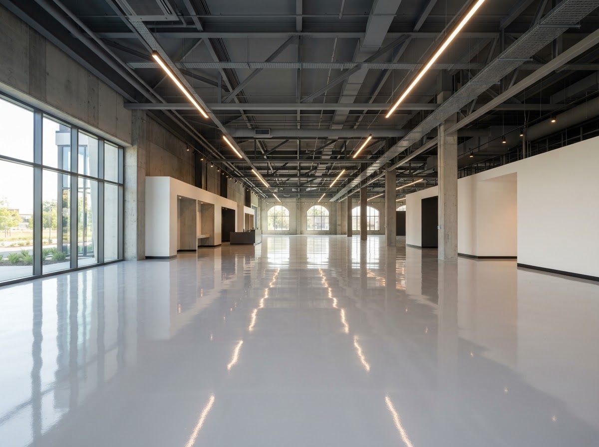 Commercial showroom with a high-build epoxy floor coating in Springdale, AR