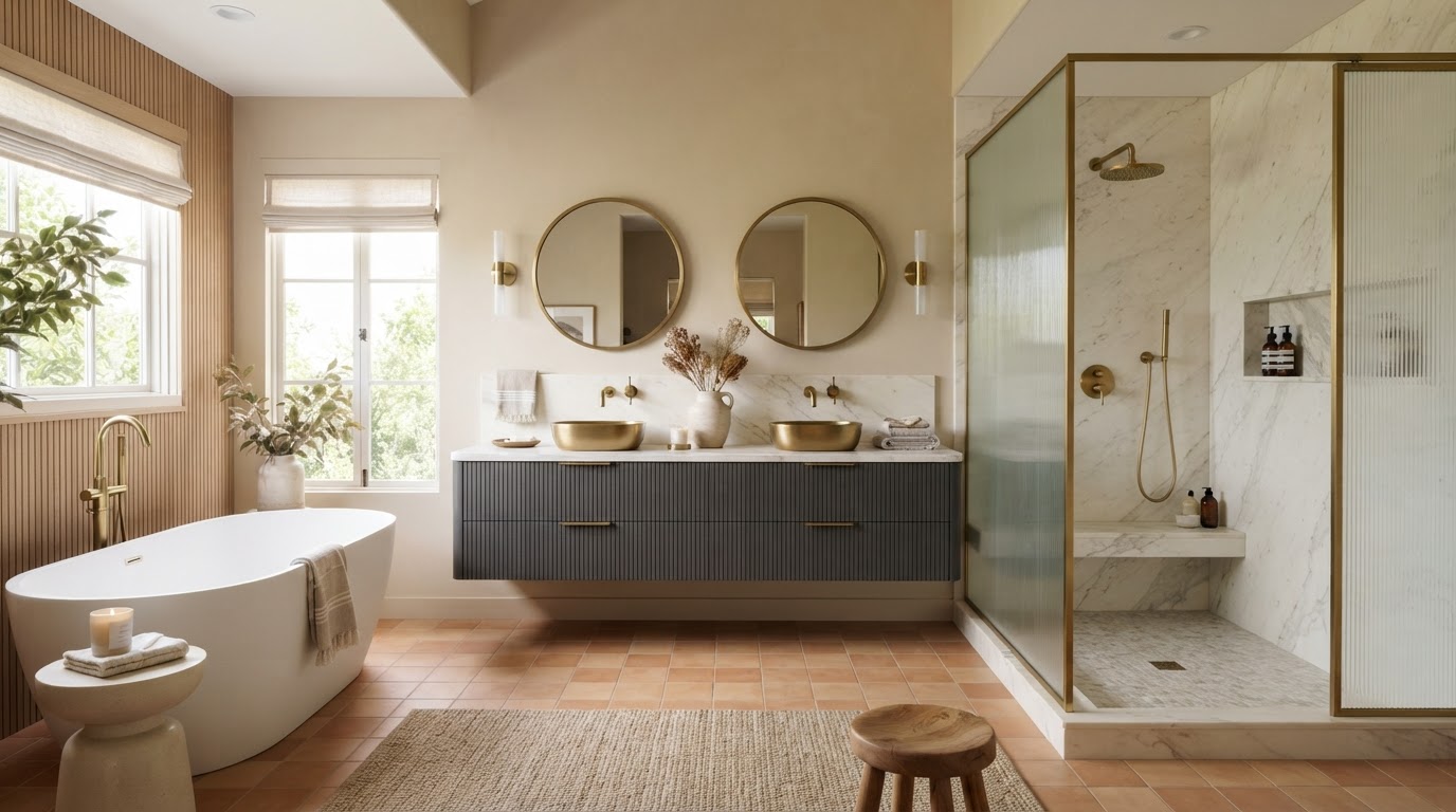 Modern remodeled bathroom with marble shower and brass fixtures