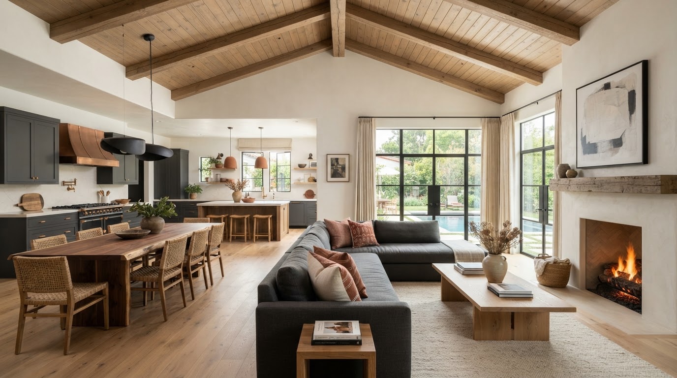 Open-concept whole-home remodel with exposed wood beams