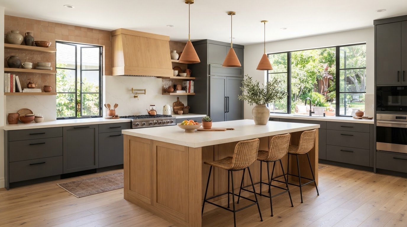 Modern remodeled kitchen with charcoal cabinetry and warm wood accents