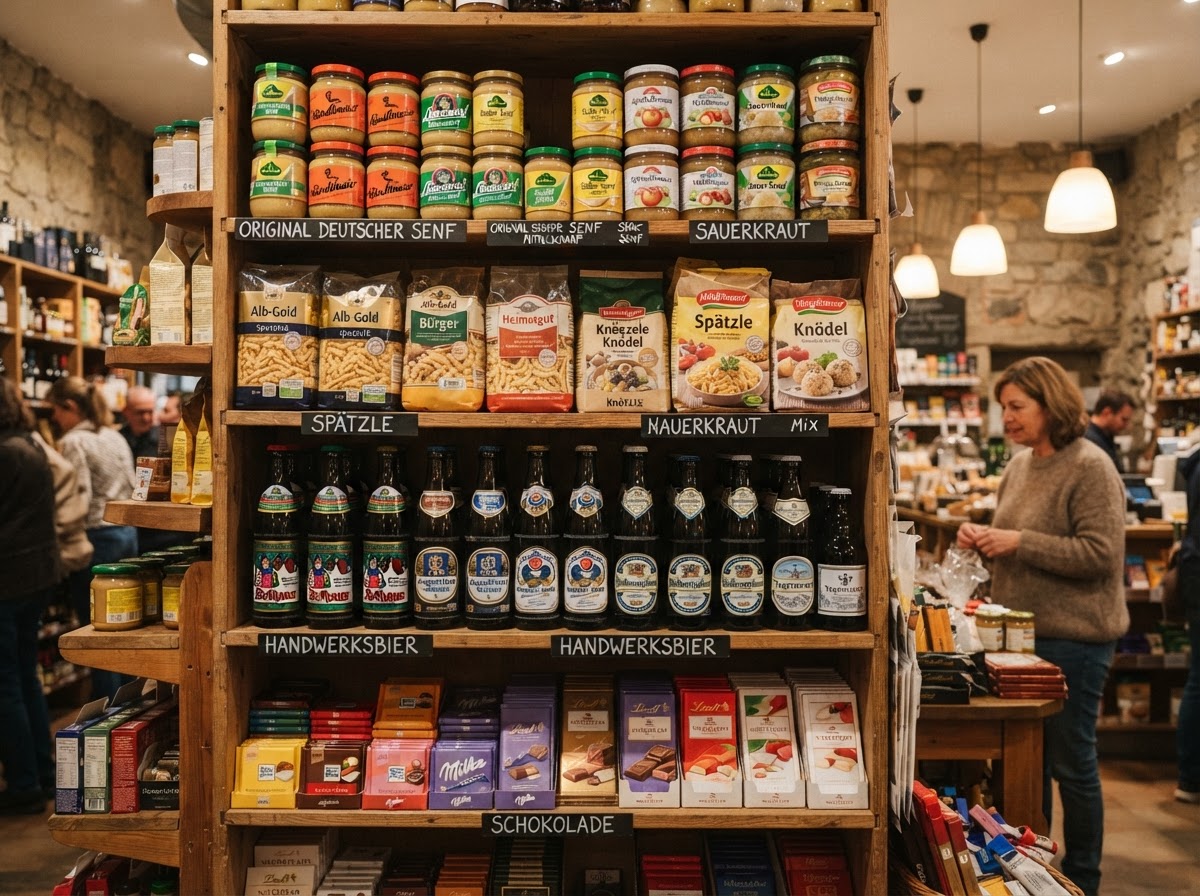Artisanal German grocery shelves filled with imported condiments and beers