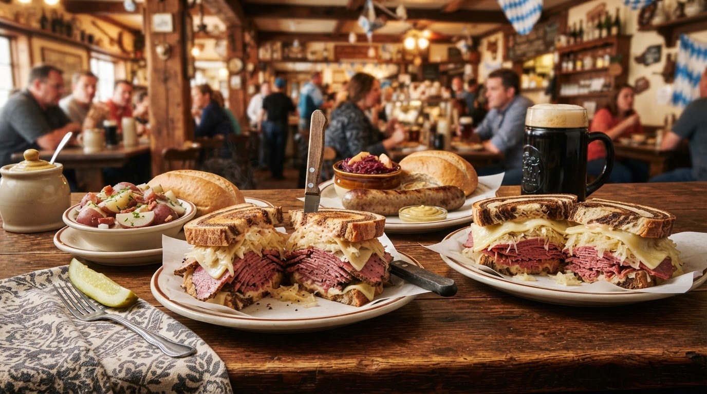 Overstuffed Reuben and hot pastrami sandwich with German sausages, sauerkraut, and warm potato salad on a deli counter