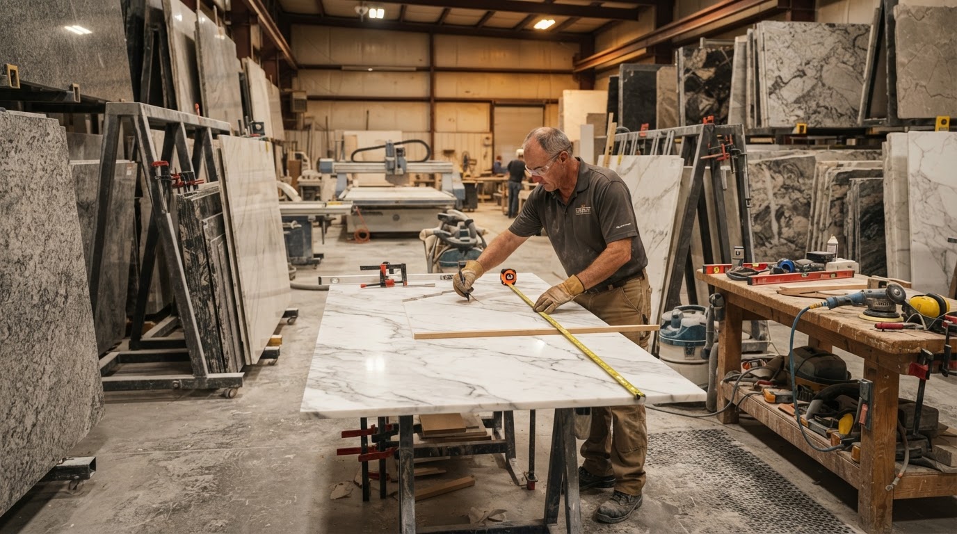 Stone fabrication workshop with polished granite and marble slabs being templated