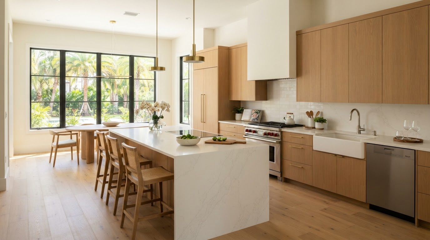 Custom quartz kitchen countertops with a waterfall island in a bright Orlando home