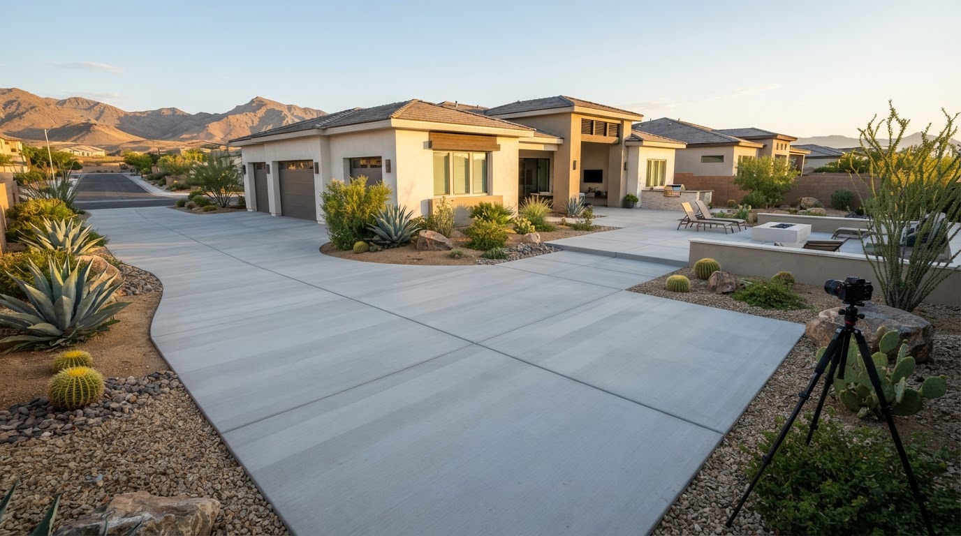 Freshly poured concrete driveway and patio at a Henderson, NV home at golden hour