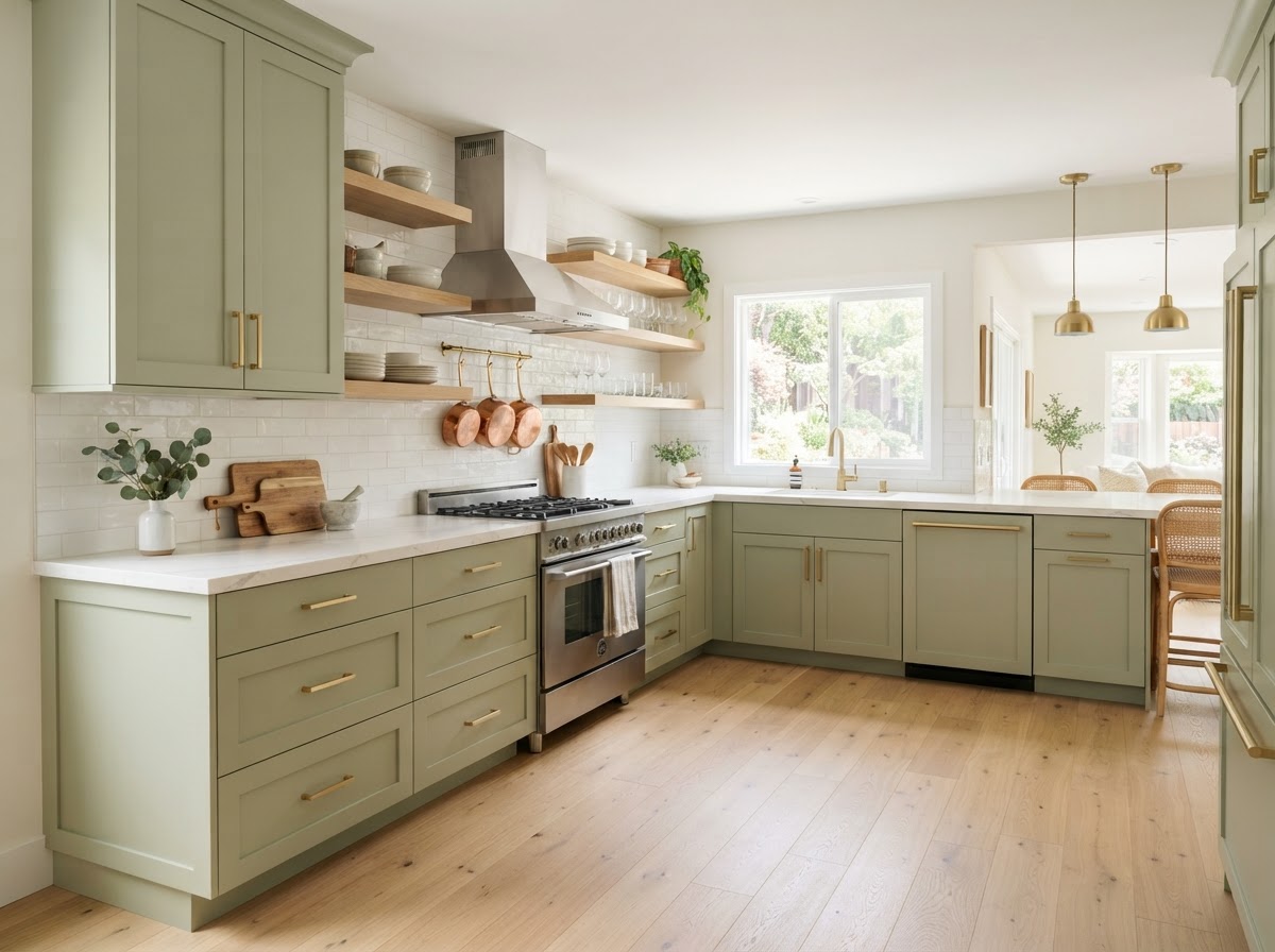 Kitchen with freshly refinished painted cabinetry in a smooth satin finish