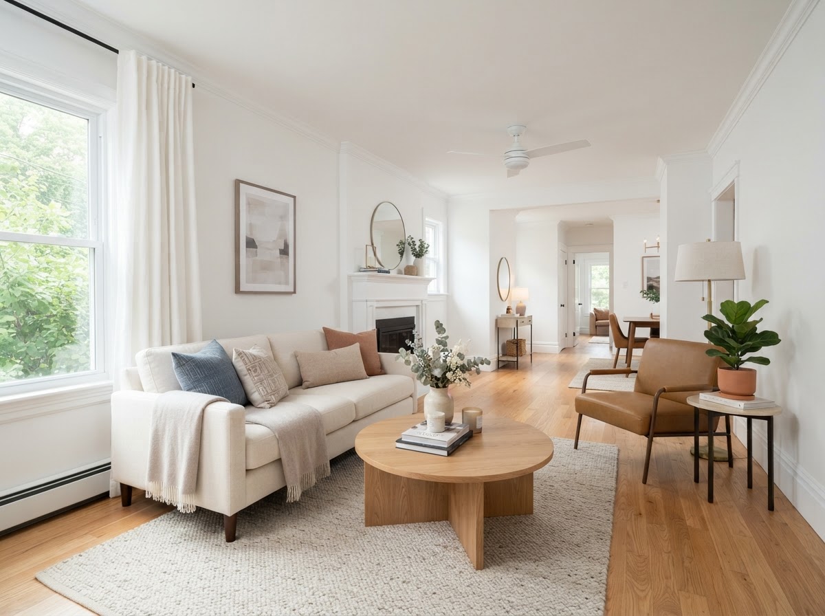 Freshly painted Savannah living room with clean cut-in lines along baseboards and crown molding