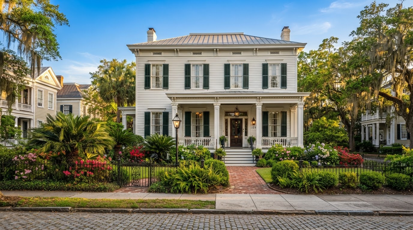 Beautifully painted historic Savannah home exterior with crisp white siding and green shutters