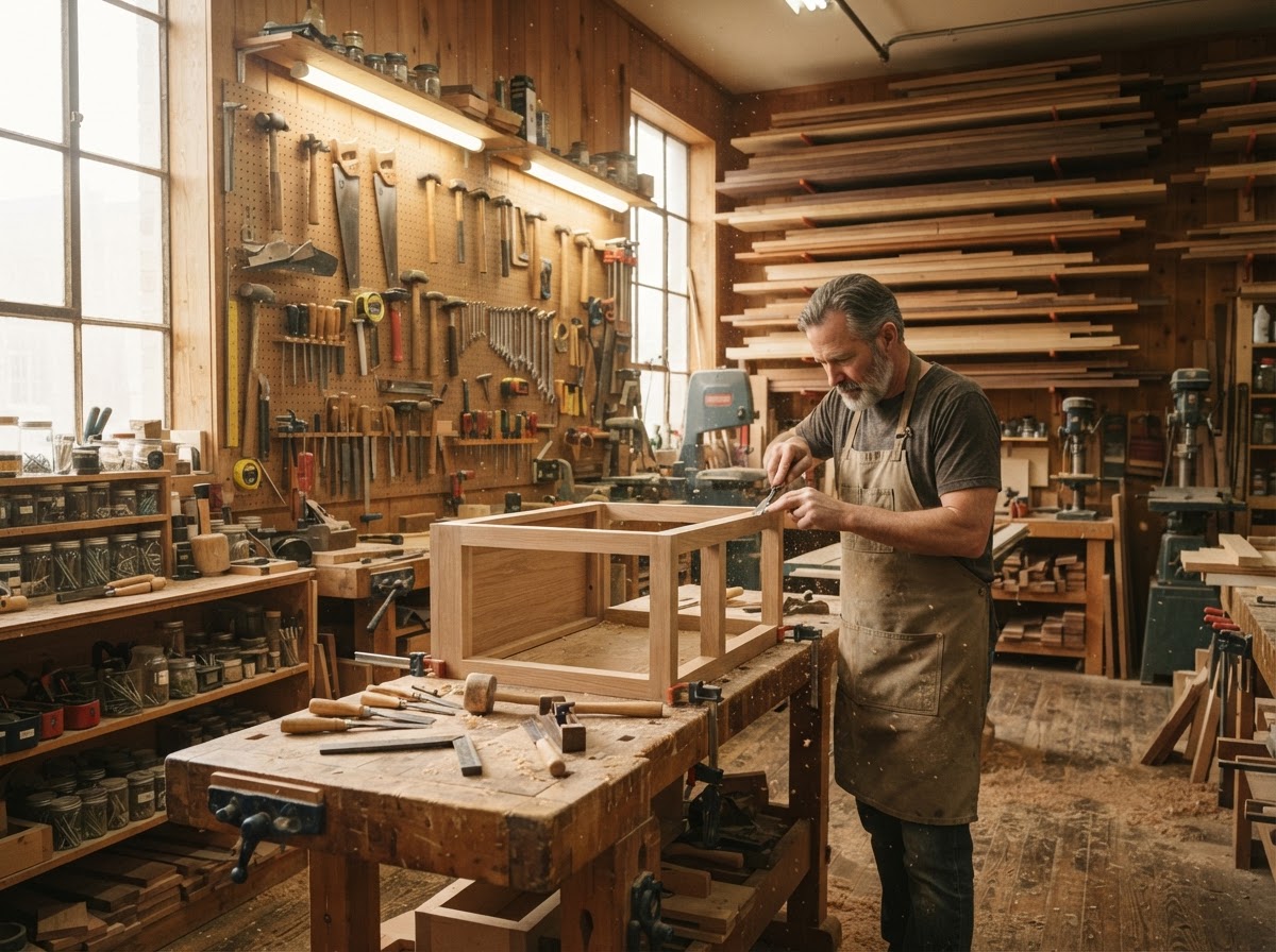 Cabinet maker's workshop with stacked wood and hand tools