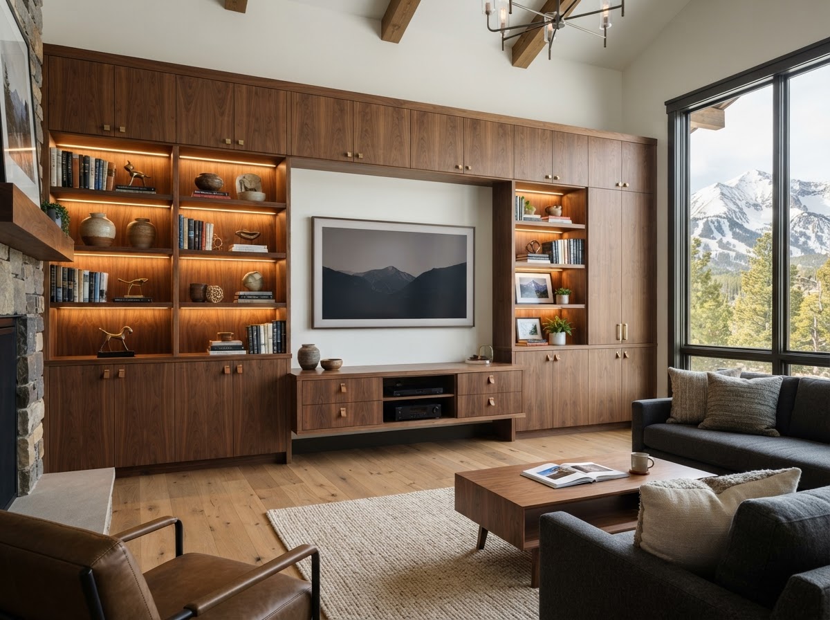 Custom built-in entertainment wall with walnut cabinetry and integrated shelving