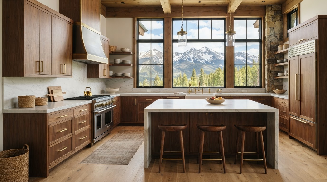 Custom walnut kitchen cabinetry with marble countertops and Colorado mountain views