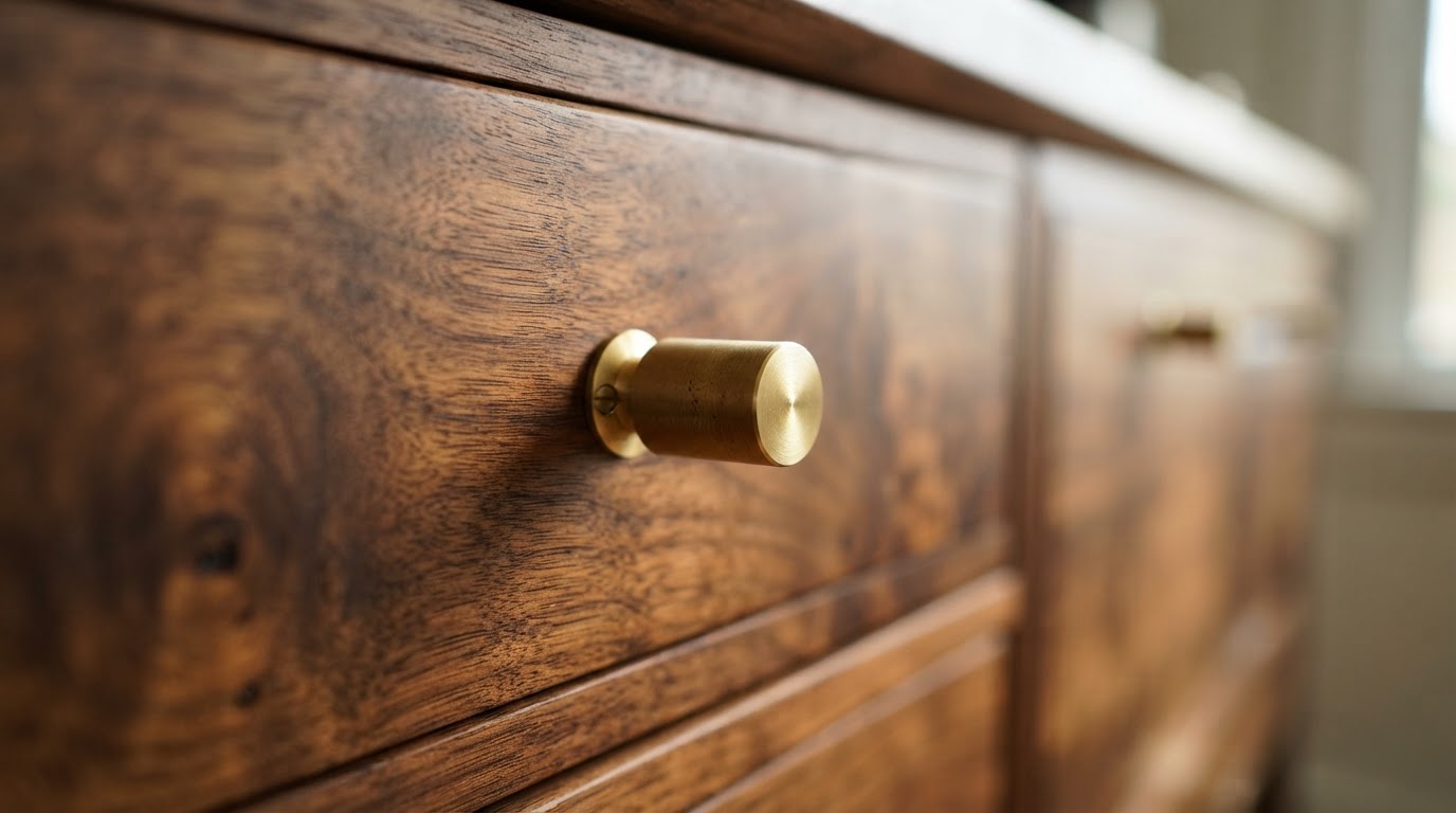 Close-up of walnut cabinet wood grain with a brushed brass drawer pull