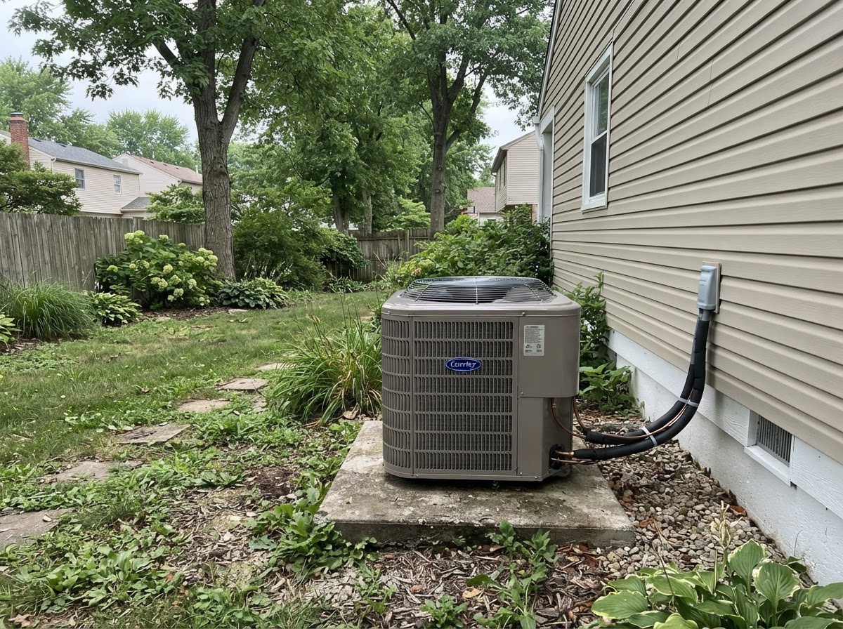 Residential heat pump outdoor unit on a concrete pad in a backyard