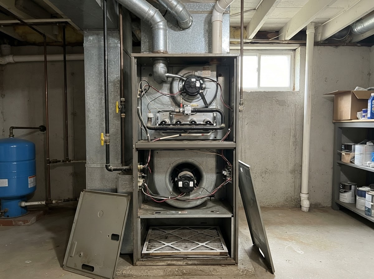 Residential furnace with the access panel open for inspection