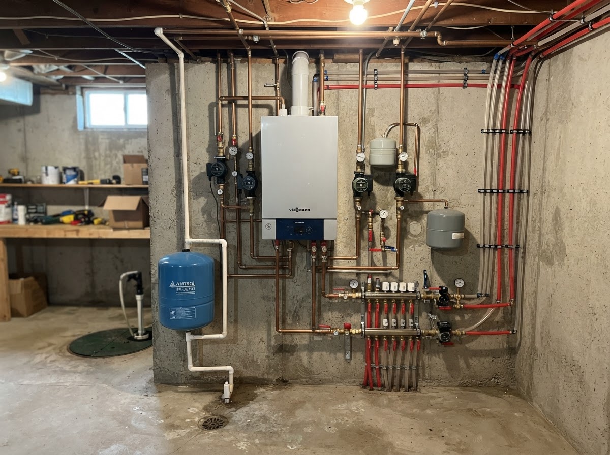 Residential boiler and radiant heating pipes along a basement wall