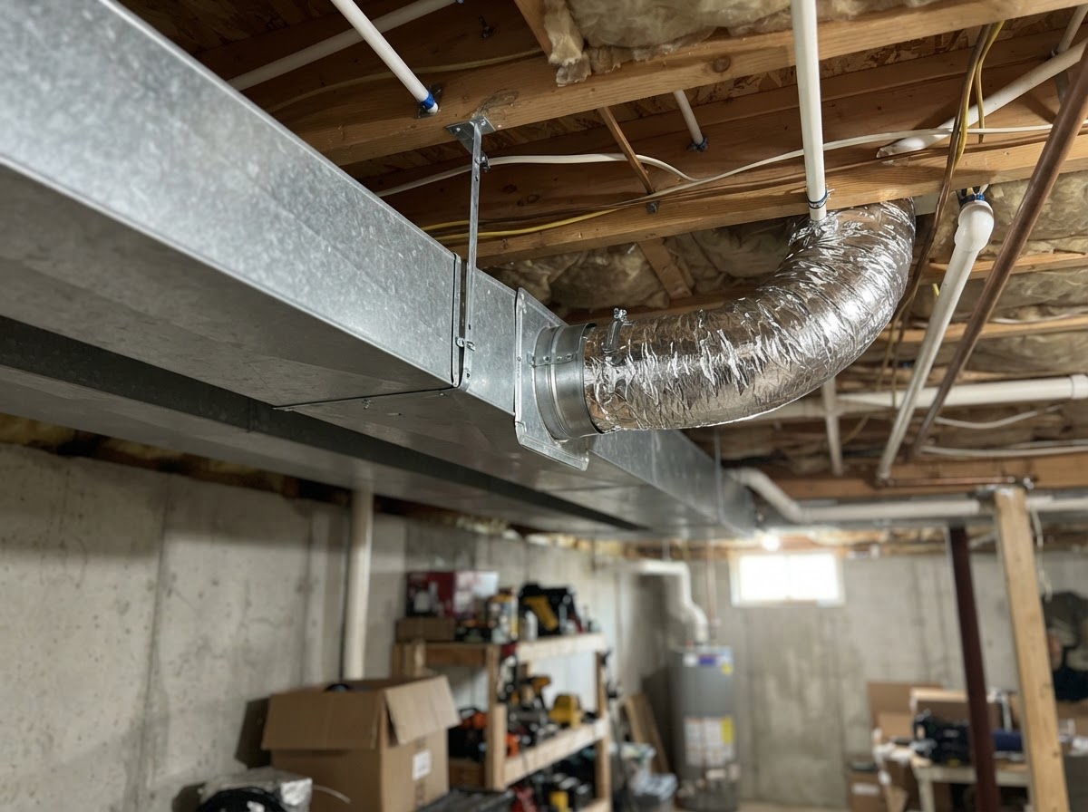 Residential sheet metal ductwork running along a basement ceiling