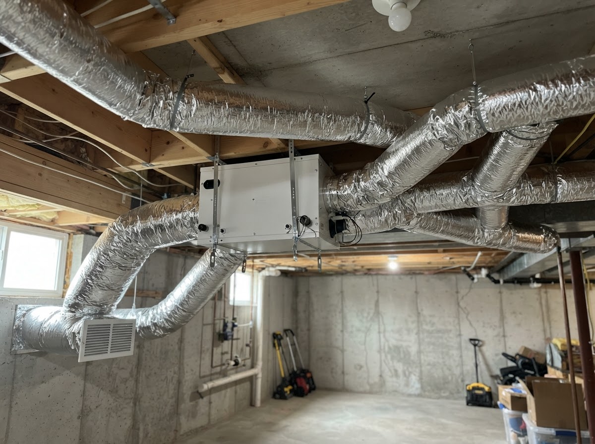 Residential ventilation exhaust fan and HRV unit mounted on a basement ceiling
