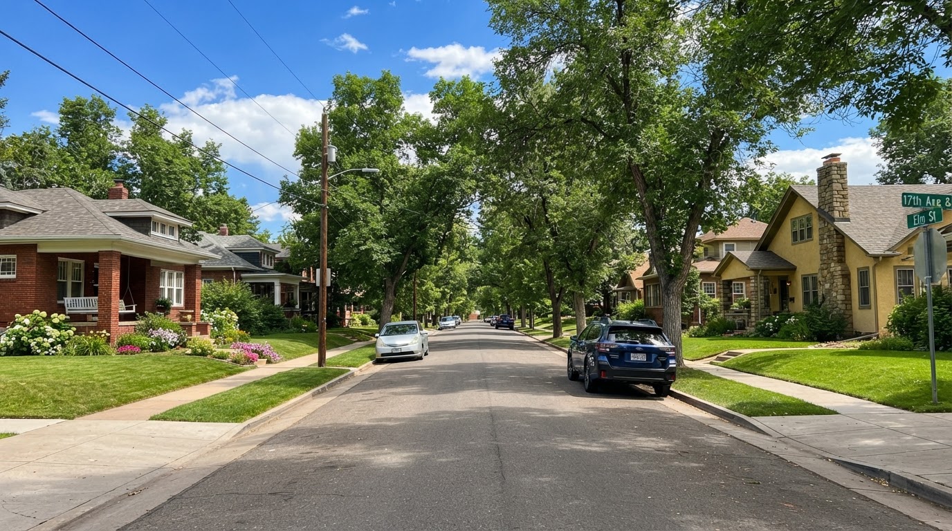 Denver residential street in summer with green lawns and single family homes