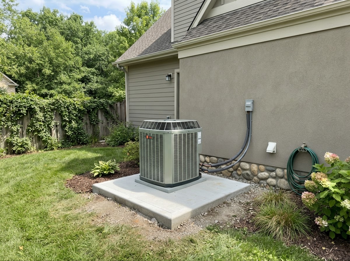 Newly installed outdoor AC condenser on a concrete pad beside a house