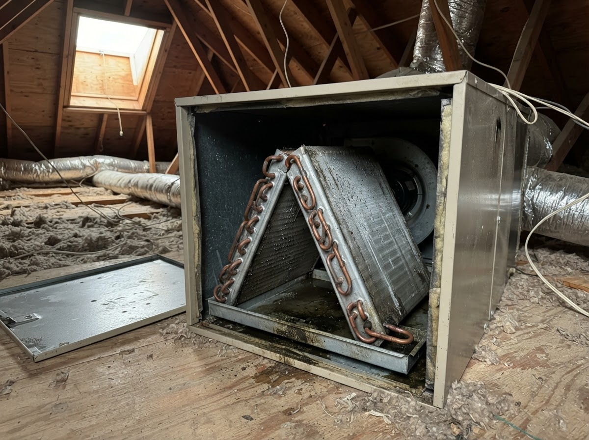 Residential air conditioner evaporator coil being inspected inside an air handler