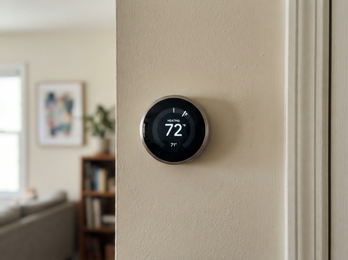 Modern smart thermostat mounted on a residential wall