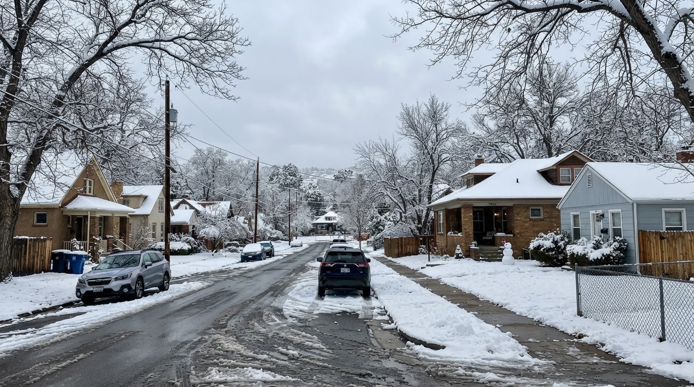 Denver residential street in winter with snow on the rooftops