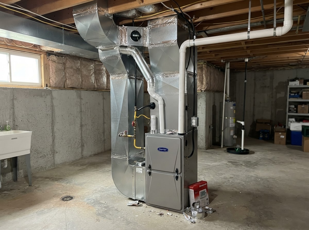 Newly installed residential gas furnace with fresh ductwork