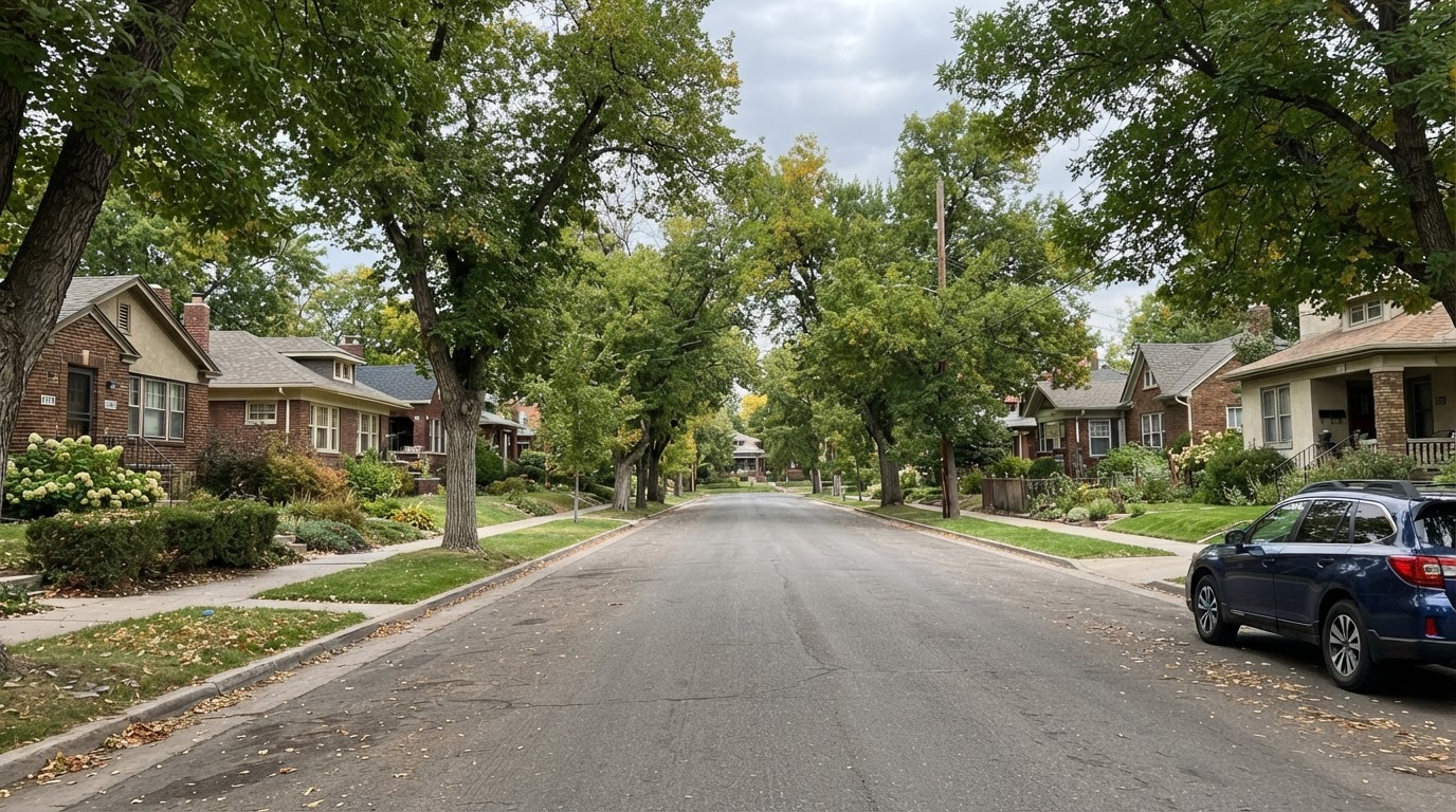 Tree-lined residential street with mature shade trees in a Denver neighborhood