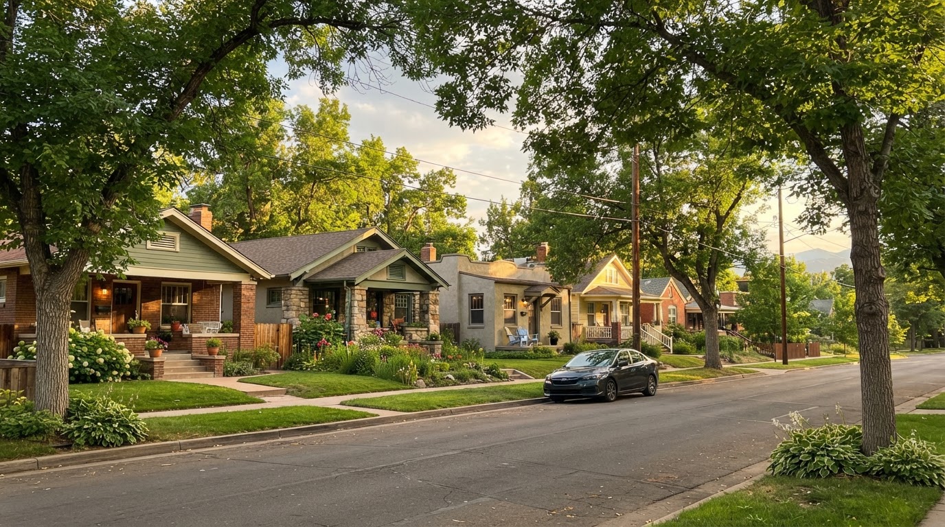 Denver residential block with bungalow homes and front porches in late afternoon light