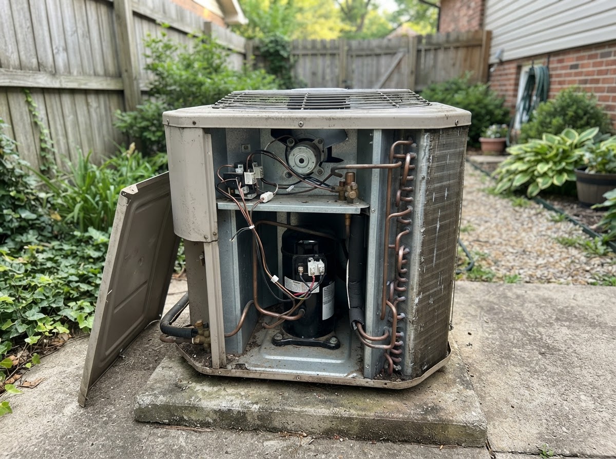 Outdoor air conditioner condenser with the side panel open