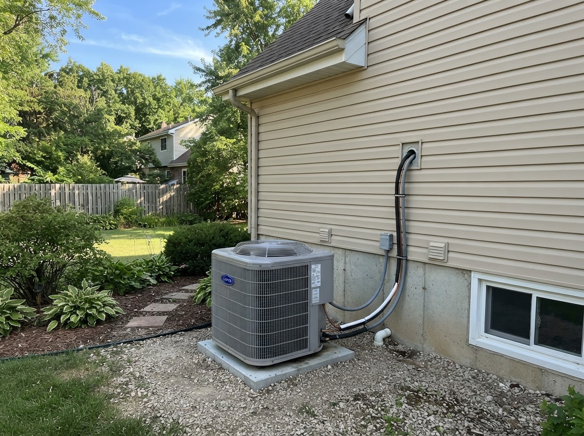 Whole-house central air system with an outdoor condenser connected to a house