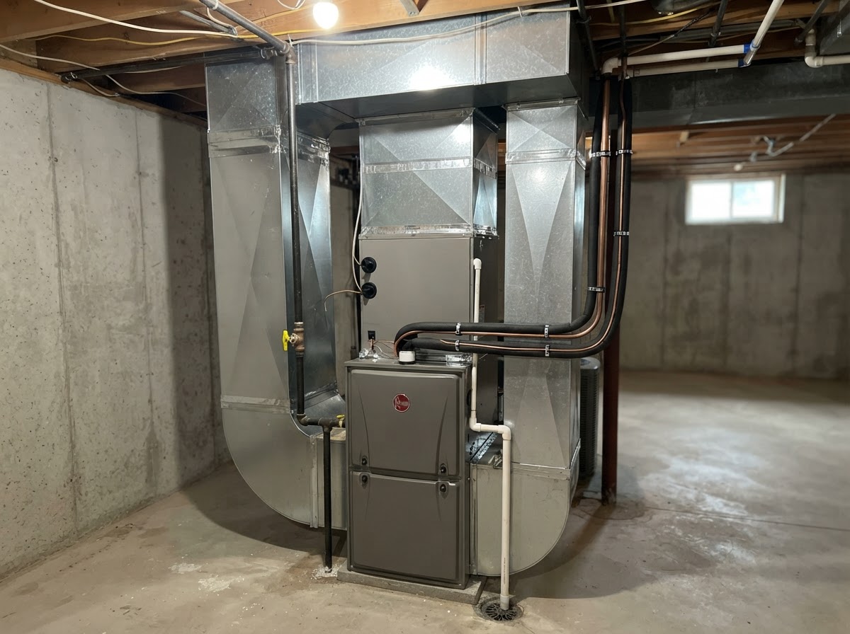 Residential combined HVAC system with furnace and air handler connected by refrigerant lines