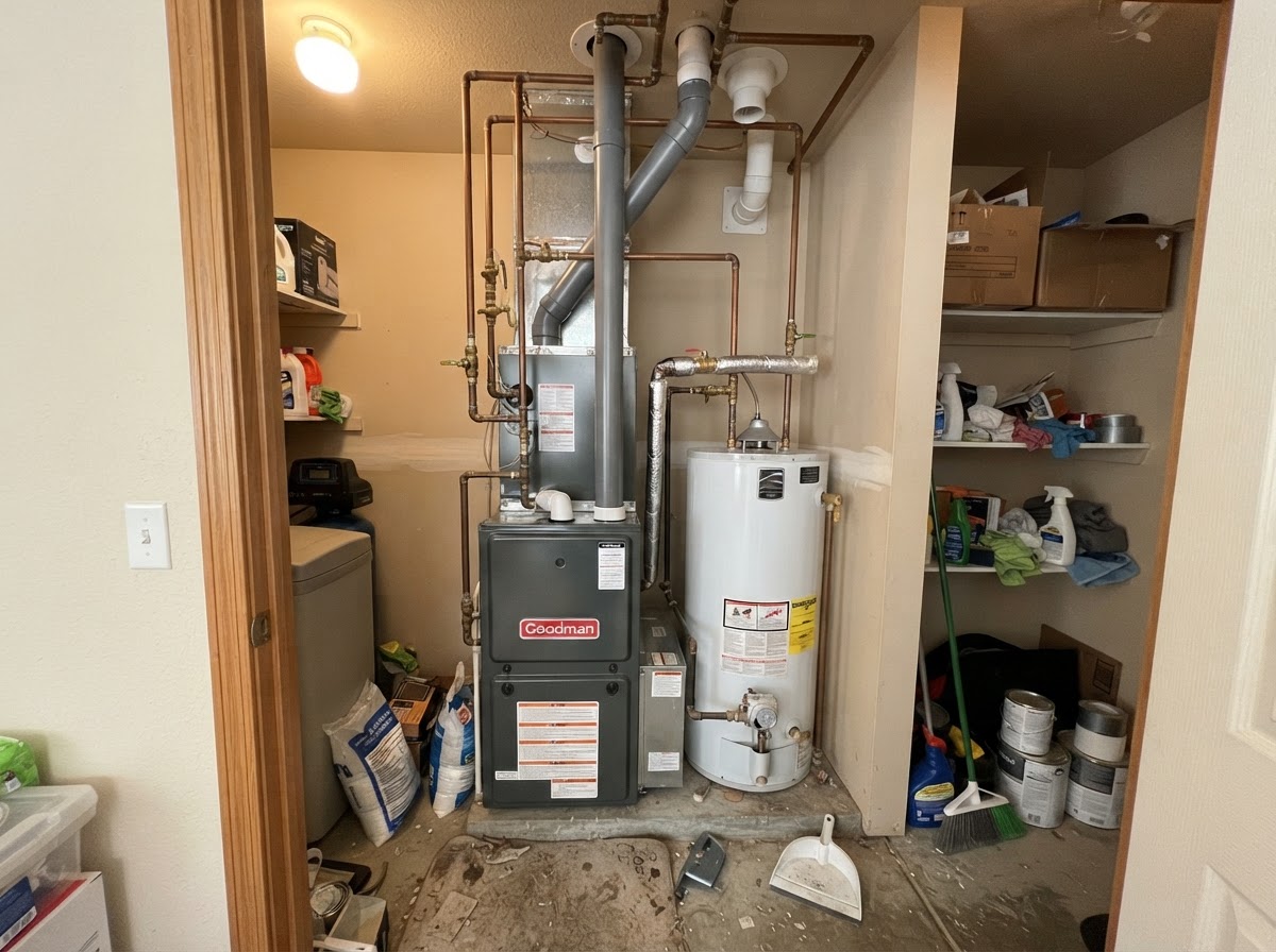 Residential mechanical room with a furnace, water heater, and copper pipes