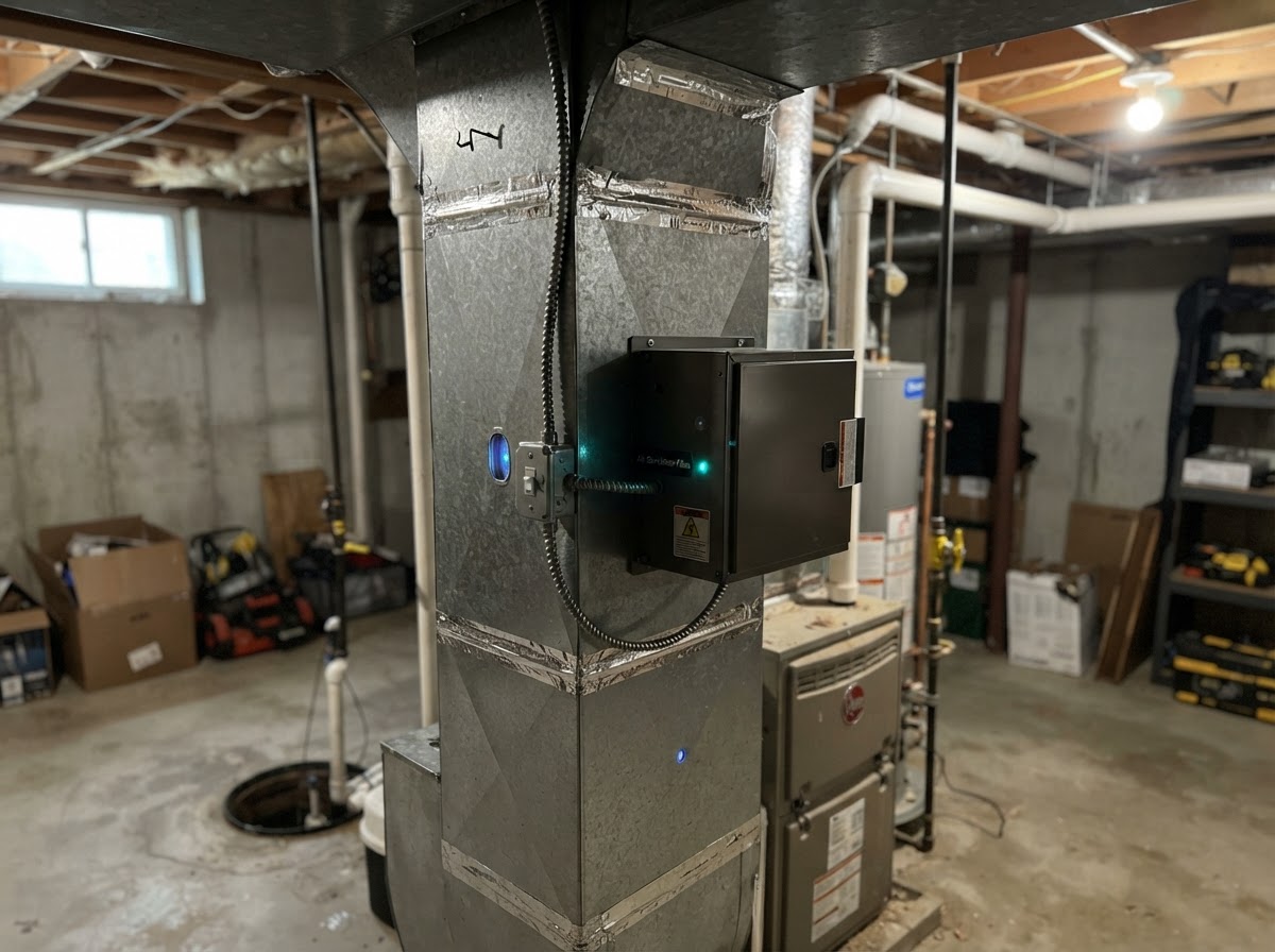 Whole-home air purifier and UV light installed inside residential ductwork